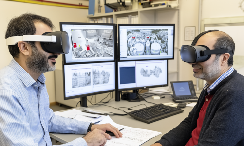 Two men wearing VR headsets